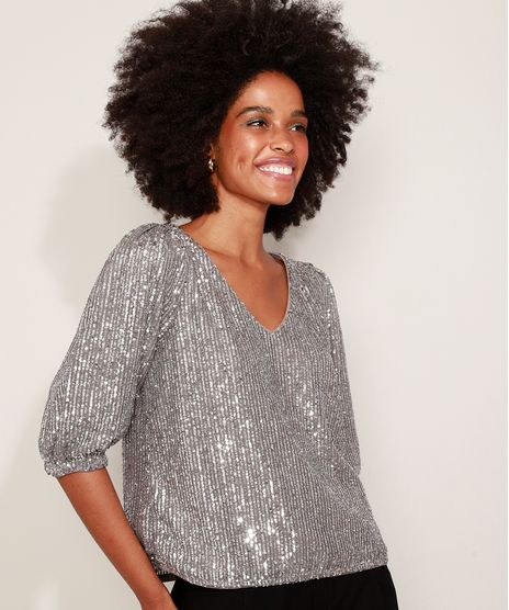 Blusa-de-Paete-Feminina-Ampla-Manga-Bufante-Decote-V-Grafite-9957714-Grafite_1