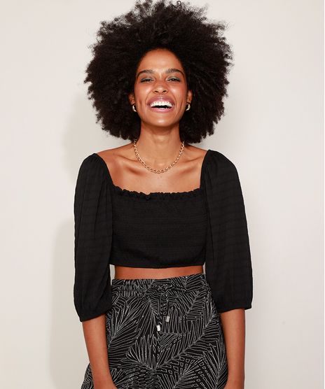 Blusa-Cropped-Feminina-Texturizada-com-Lastex-Manga-3-4-Decote-Reto-Preto-9970024-Preto_1