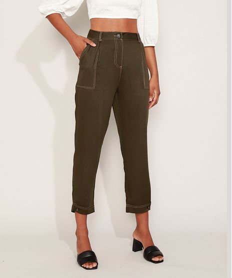 Calca-Feminina-Estampada-Reta-Cintura-Alta-com-Bolsos-Verde-Militar-9948878-Verde_Militar_1