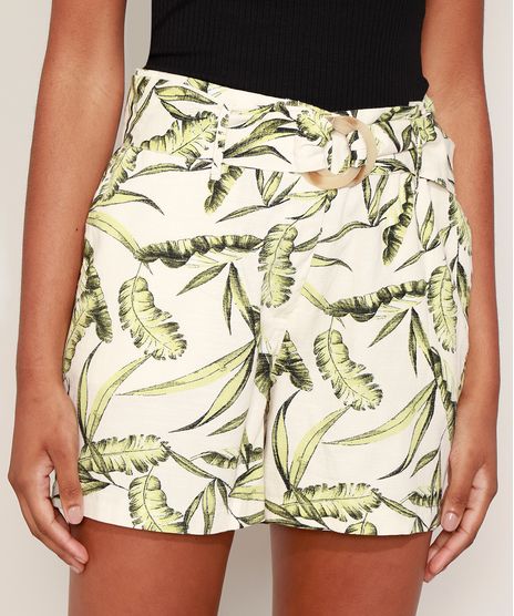 Short-Feminino-Cintura-Alta-Alfaiatado-Estampado-de-Folhagem-com-Cinto-Bege-Claro-9947877-Bege_Claro_1