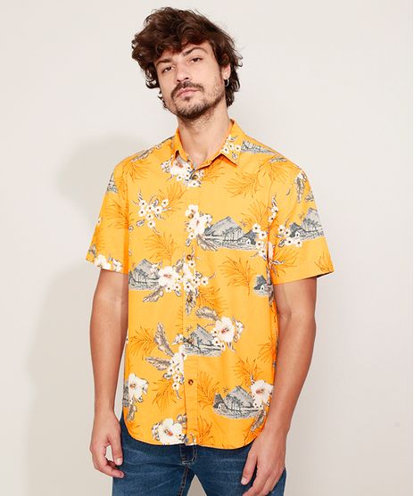 Camisa-Masculina-Estampada-Floral-Manga-Curta-Mostarda-9947506-Mostarda_1