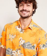 Camisa-Masculina-Estampada-Floral-Manga-Curta-Mostarda-9947506-Mostarda_4