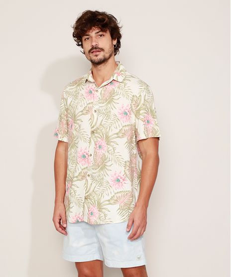 Camisa-Masculina-Estampada-Floral-Manga-Curta-Bege-9968727-Bege_1