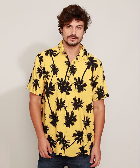 Camisa-Masculina-Estampada-Coqueiros-Manga-Curta-Amarela-9968724-Amarelo_1