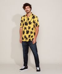 Camisa-Masculina-Estampada-Coqueiros-Manga-Curta-Amarela-9968724-Amarelo_3