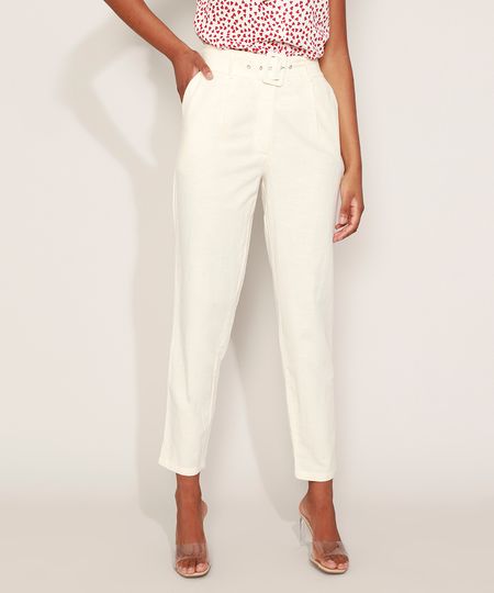 Calça Feminina Reta Cintura Alta com Pregas e Cinto Off White - 46 Menor preço em Calça Feminina Reta Cintura Alta com Pregas e Cinto Off White - 46