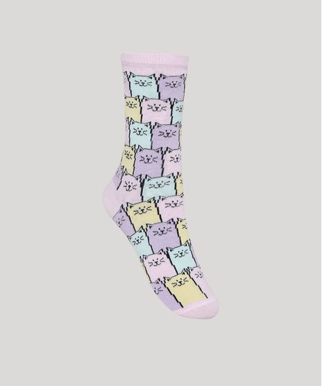 Meia-Feminina-Estampada-Gatos-Cano-Alto-Rosa-Claro-9971351-Rosa_Claro_1