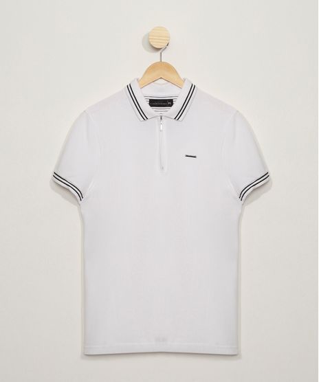 Polo-Masculina-em-Piquet-Slim-com-Listras-Manga-Curta-com-Ziper-Branca-9600933-Branco_1