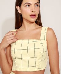 Regata-Feminina-Mindset-Cropped-com-Laco-Estampada-Xadrez-Alca-Grossa-Decote-Reto-Amarela-9980260-Amarelo_4