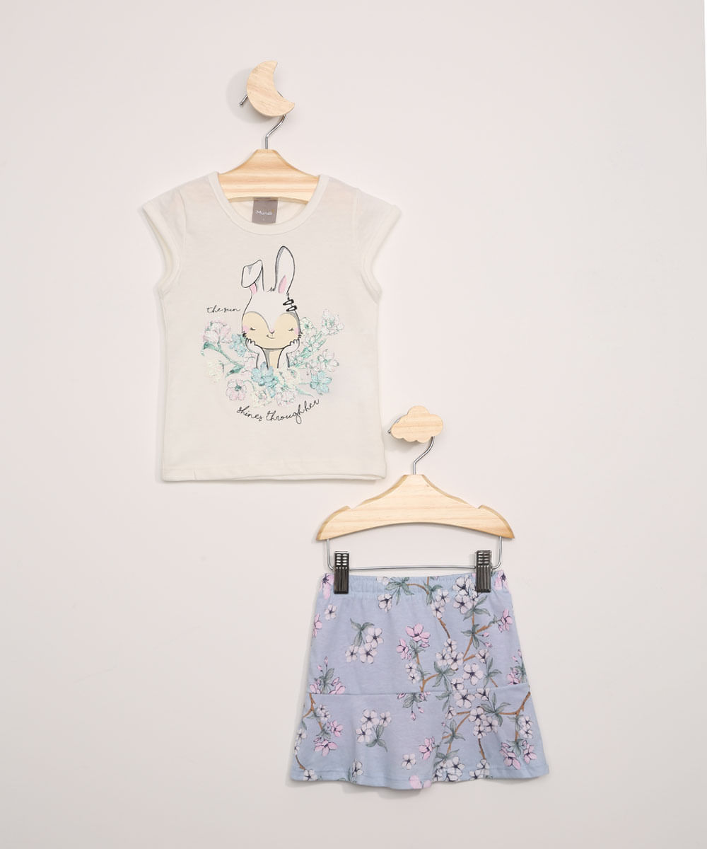 Conjunto Infantil Brandili Mundi Blusa Manga Curta Branca + Short Saia Estampado Floral Azul Claro