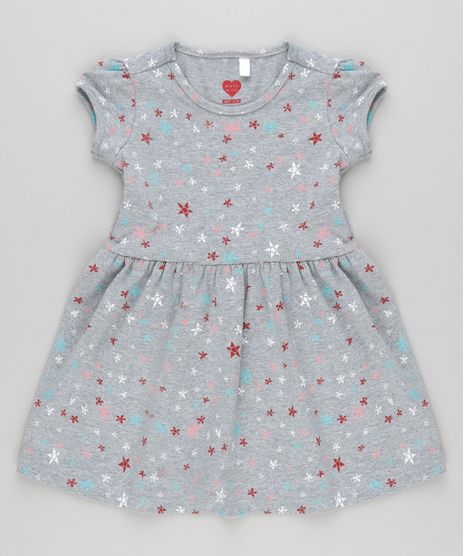 Vestido-Estampado-de-Estrelas-em-Algodao---Sustentavel-Cinza-Mescla-9029957-Cinza_Mescla_1