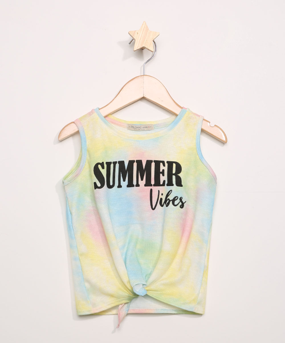 Regata Infantil Canelada "Summer Vibes" Estampada Tie Dye com Nó Amarela