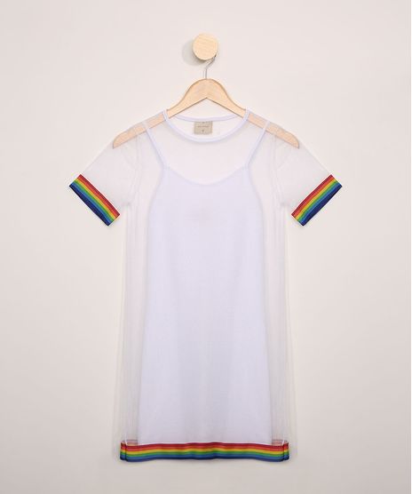 Vestido-de-Tule-Juvenil-com--Brilho-e-Faixa-Listrada-Manga-Curta-Branco-9967656-Branco_1