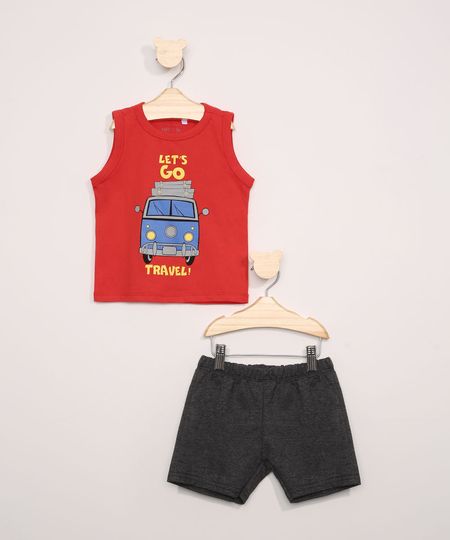 Conjunto Infantil de Regata "Let's Go Travel" Vermelha + Bermuda de Moletom Cinza Mescla Escuro - 1 Menor preço em Conjunto Infantil de Regata "Let's Go Travel" Vermelha + Bermuda de Moletom Cinza Mescla Escuro - 1