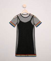 Vestido-de-Tule-Juvenil-com--Brilho-e-Faixa-Listrada-Manga-Curta-Preto-9967655-Preto_1