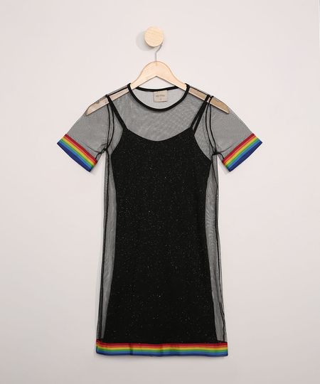 Vestido-de-Tule-Juvenil-com--Brilho-e-Faixa-Listrada-Manga-Curta-Preto-9967655-Preto_1
