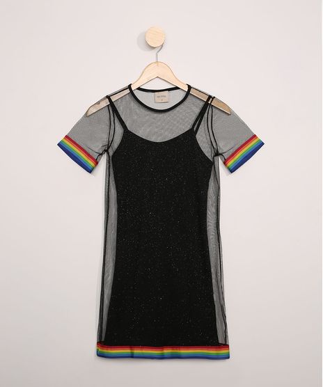 Vestido-de-Tule-Juvenil-com--Brilho-e-Faixa-Listrada-Manga-Curta-Preto-9967655-Preto_1