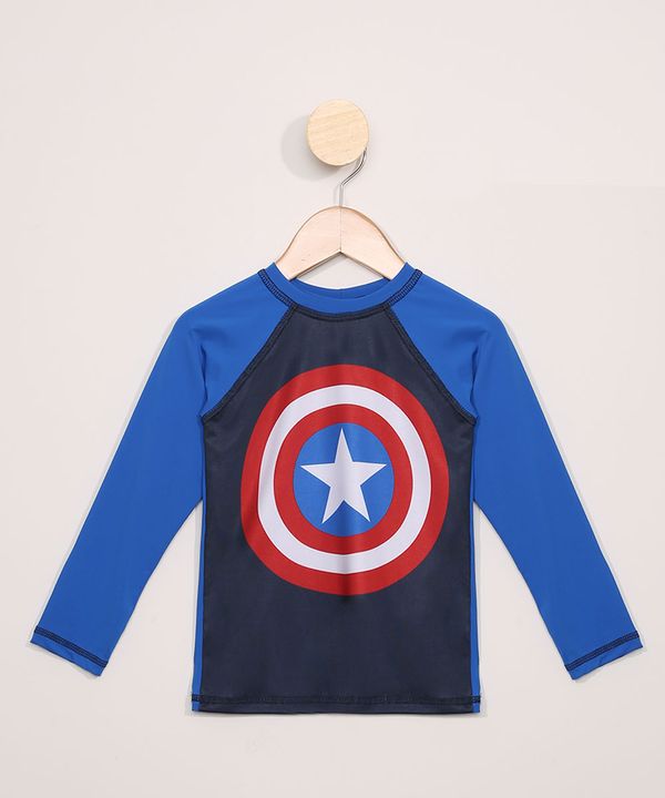 Camiseta de Praia Infantil Raglan Capitão América Manga Longa com Proteção UV50+ Azul 4
