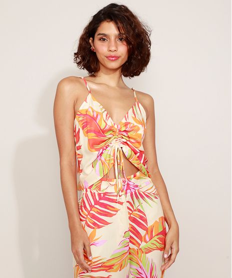 Regata-Feminina-Cropped-Estampada-Folhagem-com-Franzido-Alca-Fina-Decote-V-Off-White-9967561-Off_White_1