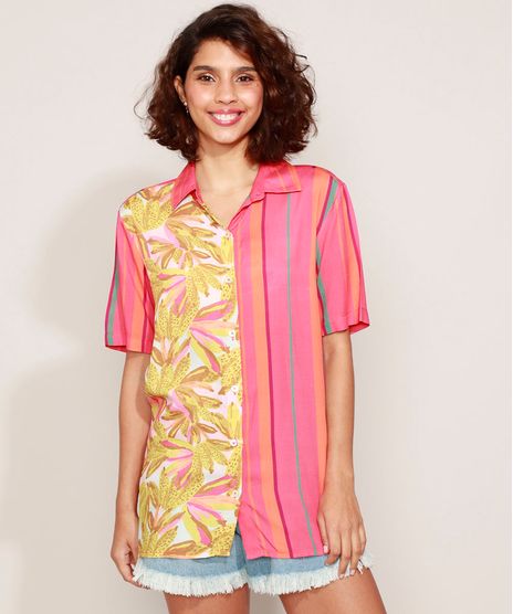 Camisa-Feminina-Estampada-Listras-e-Bananas-Manga-Curta-Coral-9968087-Coral_1