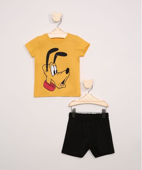 Conjunto-Infantil-Pluto-de-Camiseta-Manga-Curta-Mostarda---Bermuda-de-Moletom-Preta-9963490-Preto_1