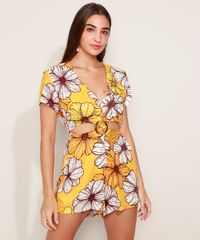 Macaquinho-Feminino-Estampado-Floral-com-Vazado-Manga-Curta-Decote-V-Amarelo-9963547-Amarelo_1