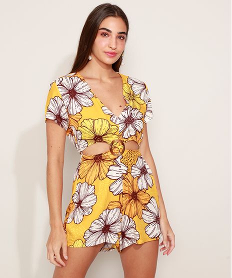 Macaquinho-Feminino-Estampado-Floral-com-Vazado-Manga-Curta-Decote-V-Amarelo-9963547-Amarelo_1