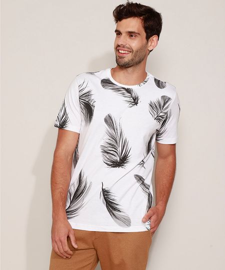 Camiseta-Masculina-Estampado-de-Penas-Manga-Curta-Gola-Careca-Branca-9974491-Branco_1