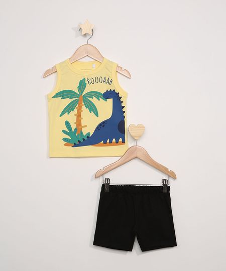 Conjunto Infantil de Regata Dinossauro Amarela + Bermuda de Moletom Preta - 2 Menor preço em Conjunto Infantil de Regata Dinossauro Amarela + Bermuda de Moletom Preta - 2