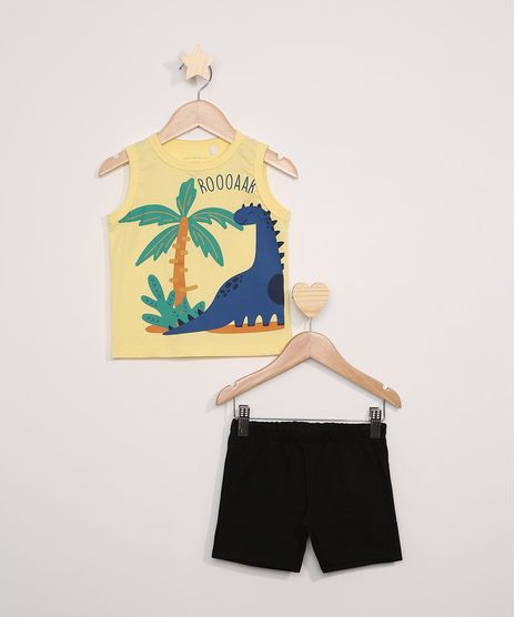 Conjunto-Infantil-de-Regata-Dinossauro-Amarela---Bermuda-de-Moletom-Preta-9974634-Preto_1