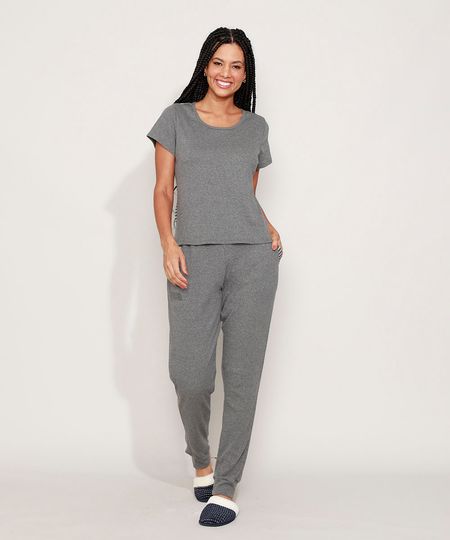 Pijama-Feminino-com-Listras-e-Bolsos-Manga-Curta-Cinza-Mescla-Escuro-9973676-Cinza_Mescla_Escuro_1