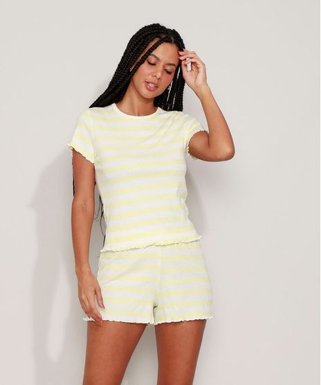 Pijama-Feminino-Canelado-Listrado-com-Frufru-Manga-Curta-Amarelo-9973675-Amarelo_1