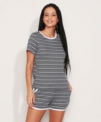 Pijama-Feminino-Canelado-Listrado-com-Bolsos-Manga-Curta-Cinza-Mescla-Escuro-9973673-Cinza_Mescla_Escuro_1