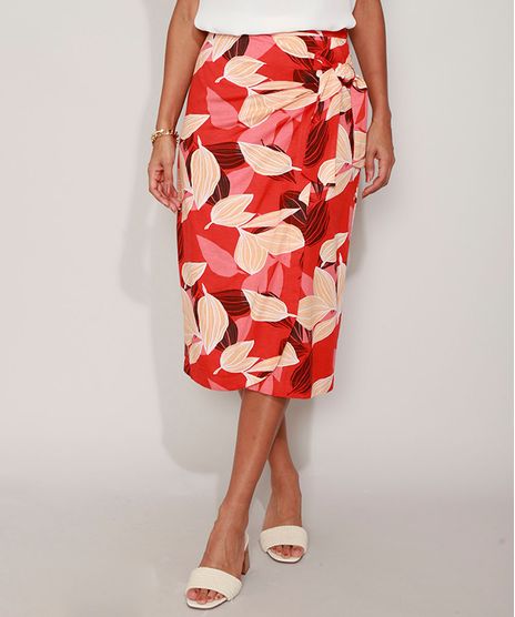 Saia-Feminina-Midi-Estampada-de-Folhagem-com-No-Vermelha-9947881-Vermelho_1