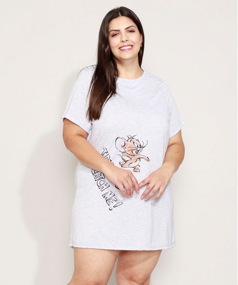 Camisola-Feminina-Plus-Size-Tom-e-Jerry-Manga-Curta-Cinza-Mescla-9972297-Cinza_Mescla_1