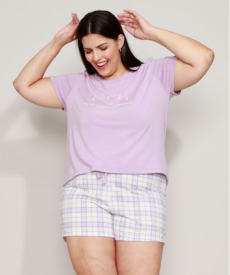 Pijama-Feminino-Plus-Size--Calma--com-Estampa-Xadrez-Manga-Curta-Lilas-9968691-Lilas_1