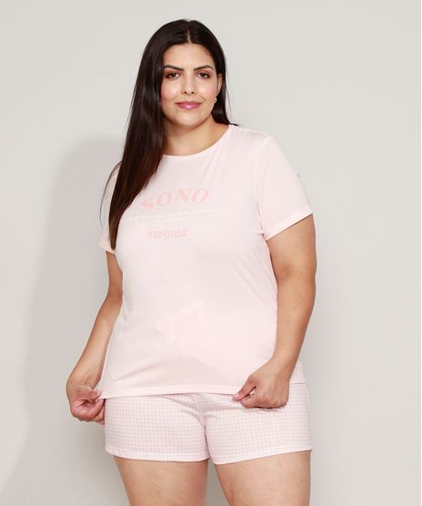 Pijama-Feminino-Plus-Size--Sono--com-Estampa-Xadrez-Vichy-Manga-Curta-Rosa-Claro-9968692-Rosa_Claro_1