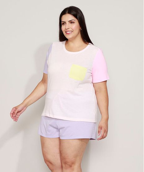 Pijama-Feminino-Plus-Size-com-Bolso-Manga-Curta-Colorida-Rosa-Claro-9971457-Rosa_Claro_1