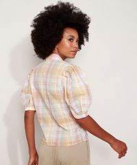 Camisa-Feminina-Mindset-Estampada-Xadrez-Manga-Bufante-Decote-Profundo-Multicor-9982698-Multicor_2