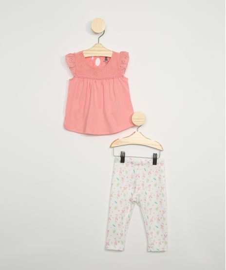 Conjunto-Infantil-de-Blusa-Ampla-com-Renda-Manga-Curta-Decote-Redondo---Calca-Legging-Estampada-Flamingos-Branca-9972160-Branco_1