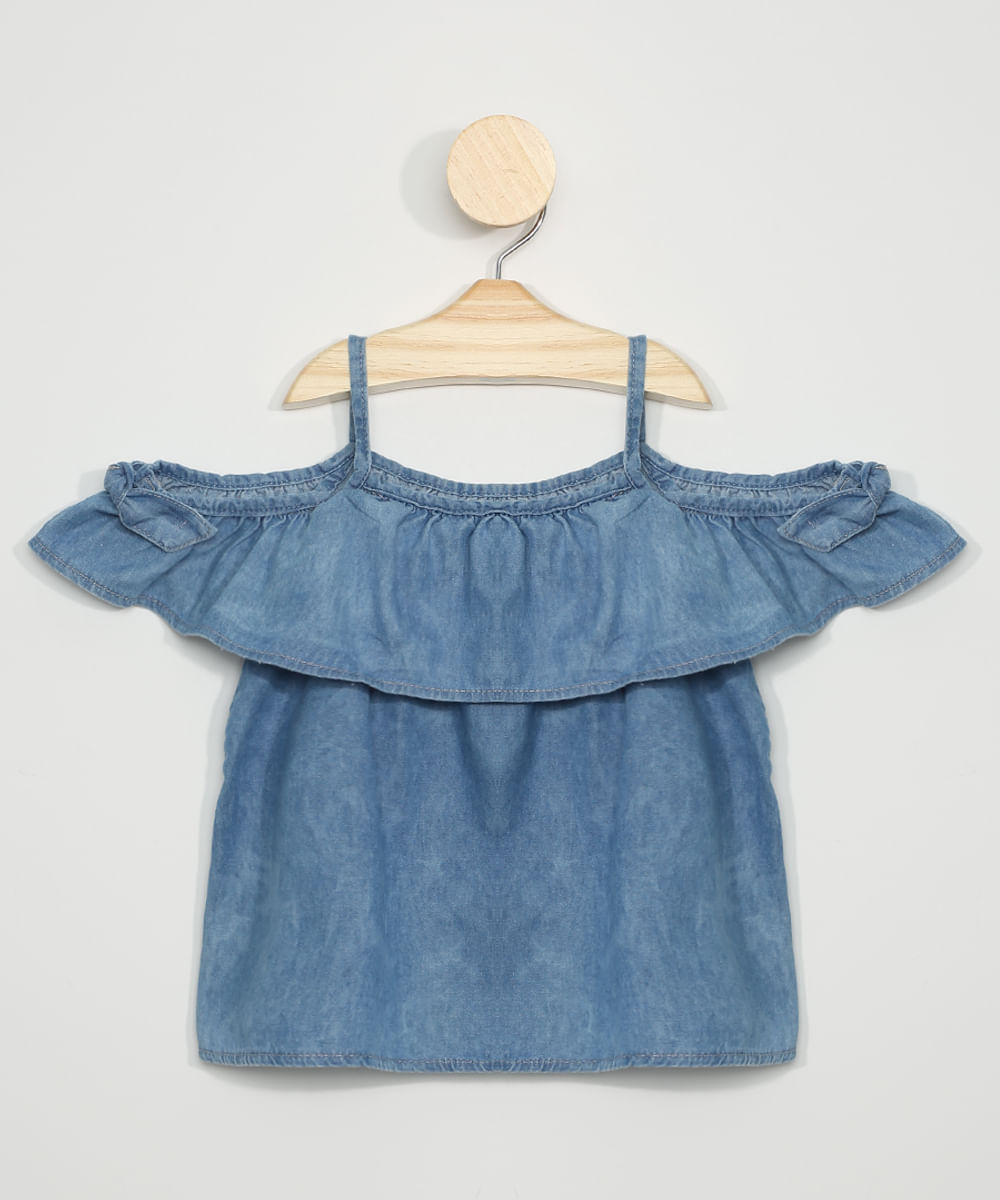 Blusa Jeans Infantil com Babado Open Shoulder Manga Curta Azul Médio