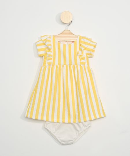 Vestido Infantil Listrado com Babados Manga Curta + Calcinha Amarelo - 18-24 Menor preço em Vestido Infantil Listrado com Babados Manga Curta + Calcinha Amarelo - 18-24