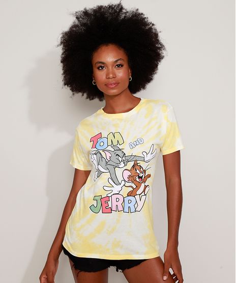 Camiseta-Feminina-Tom-e-Jerry-Estampada-Tie-Dye-Manga-Curta-Decote-Redondo-Amarela-9960133-Amarelo_1