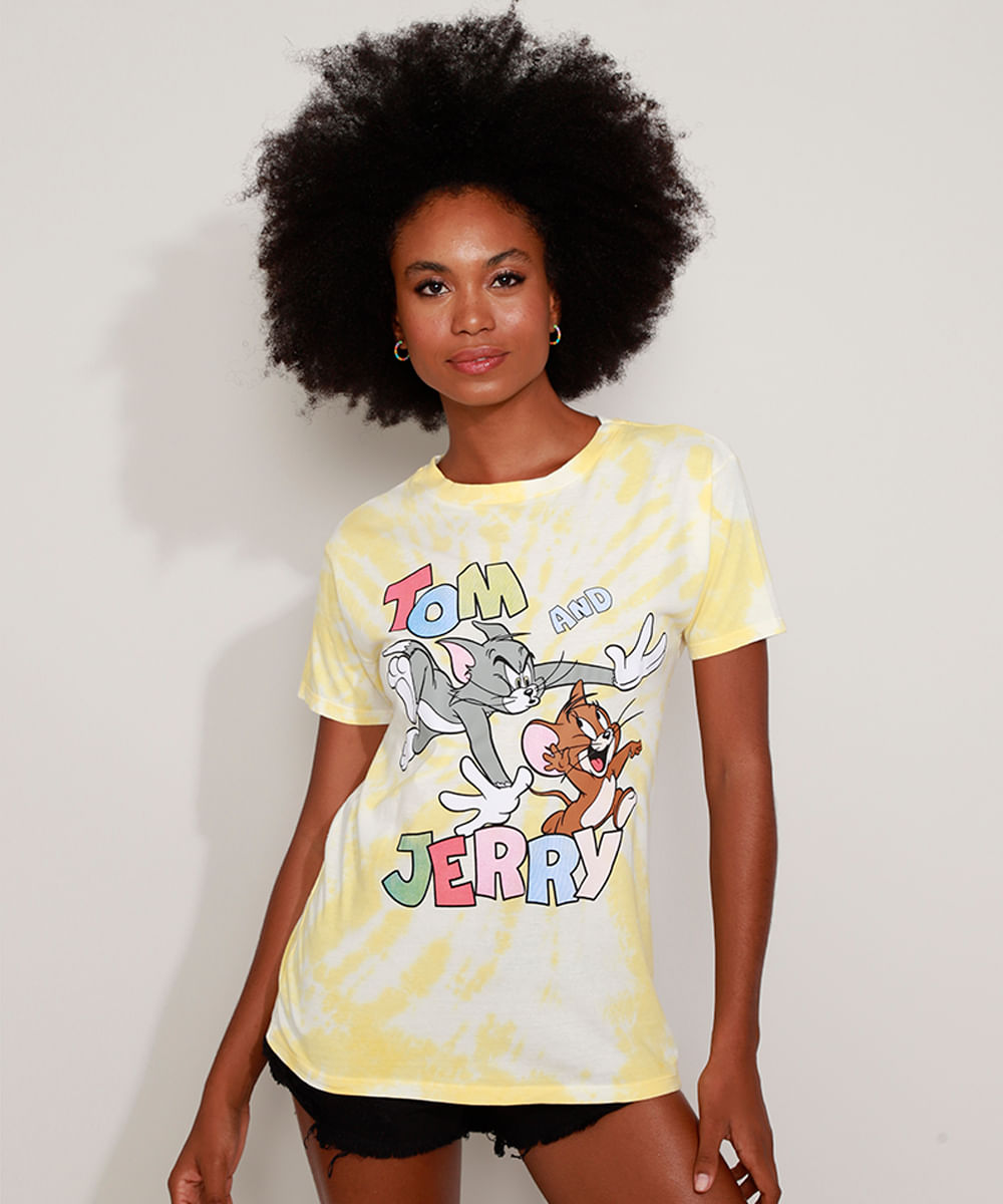 Camiseta Feminina Tom e Jerry Estampada Tie Dye Manga Curta Decote Redondo Amarela