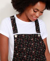 Jardineira-de-Sarja-Feminina-Relaxed-Estampada-Floral-com-Barra-Dobrada-Preta-9970913-Preto_4