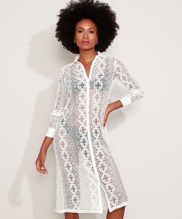 Saída de Praia de Renda Chemise Midi Manga Longa Branca M