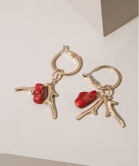 Brinco-Feminino-de-Argola-com-Pingente-de-Coral-Dourado-9962280-Dourado_1