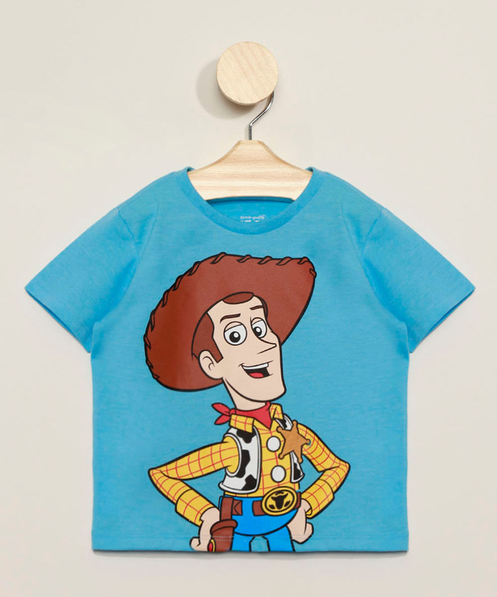 Camiseta Infantil Toy Story Woody Manga Curta Gola Careca Azul