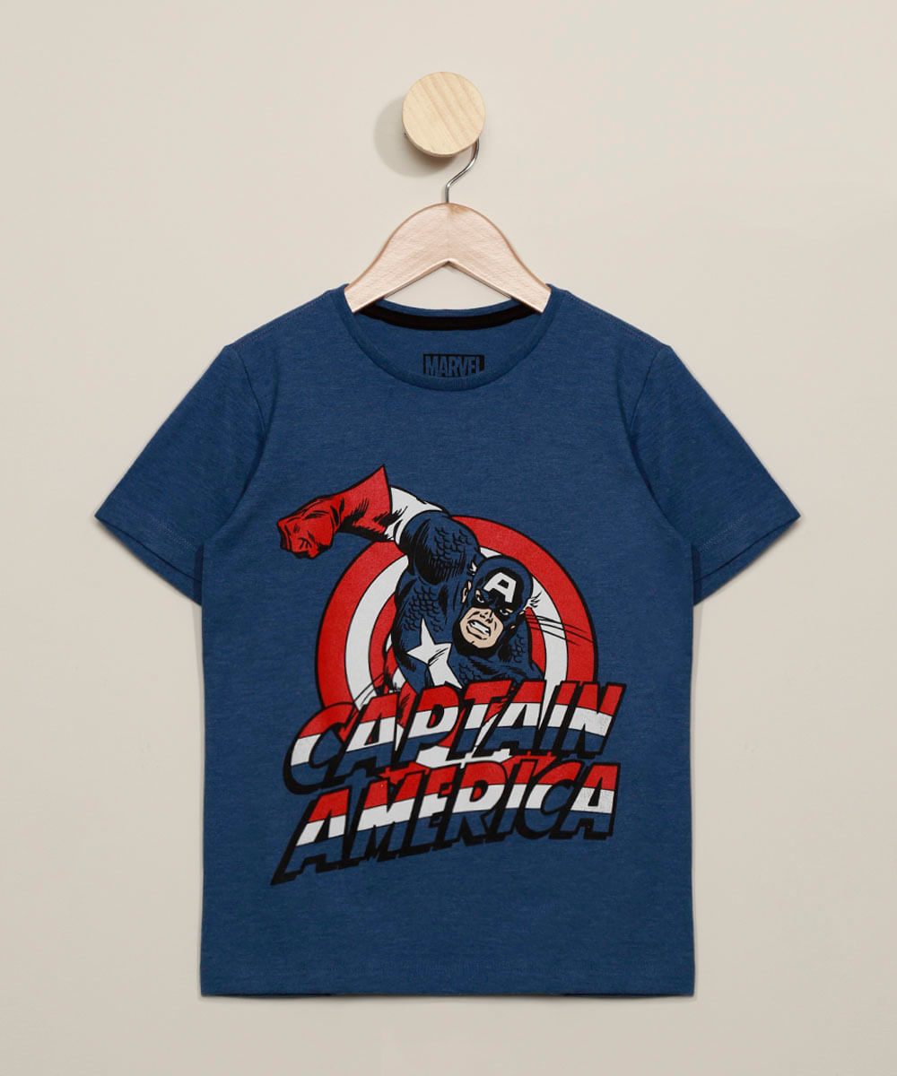 Camiseta Infantil Capitão América Manga Curta Gola Careca Azul