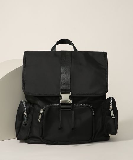 Mochila-de-Nylon-Feminina-Media-com-Bolsos-Preta-9965539-Preto_1